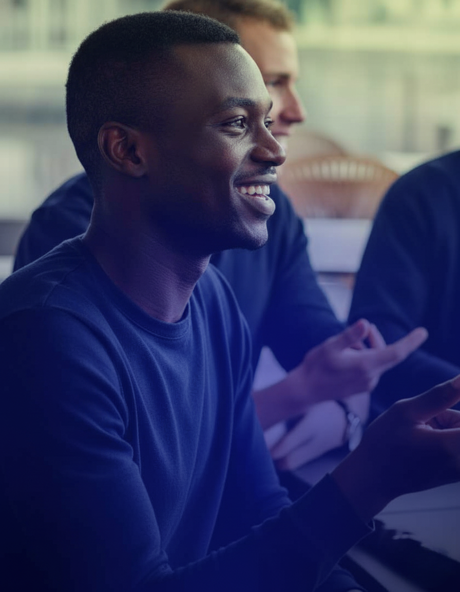 A young, smiling African man actively participating in a professional team meeting or workshop, with a modern blue and light green color overlay.