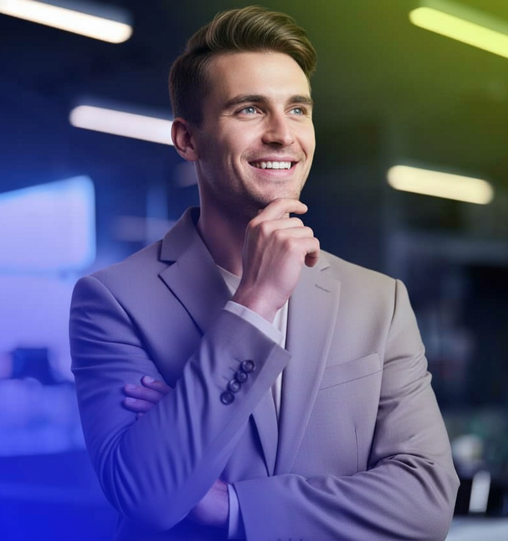 Of course, here are SEO-friendly alt text, a description, and a caption for the image of the young European man: Alt Text: A young, smiling European businessman in a grey suit looks thoughtfully into the distance, with his hand on his chin, in a modern office with a blue and light green color overlay.